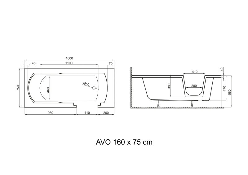 Ванна акриловая Polimat AVO 160x75 пристенная, без перелива, белый