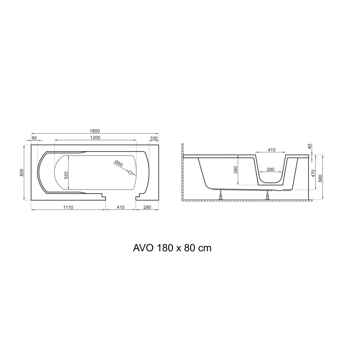 Ванна акриловая Polimat AVO 180x80 пристенная, без перелива, белый