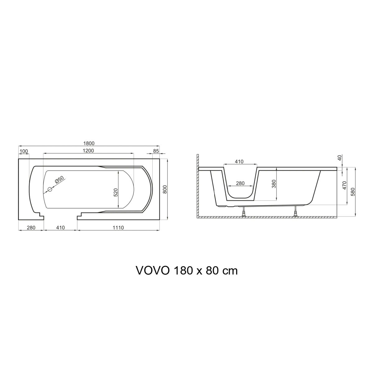 Ванна акриловая Polimat VOVO 180x80 пристенная, без перелива, белый