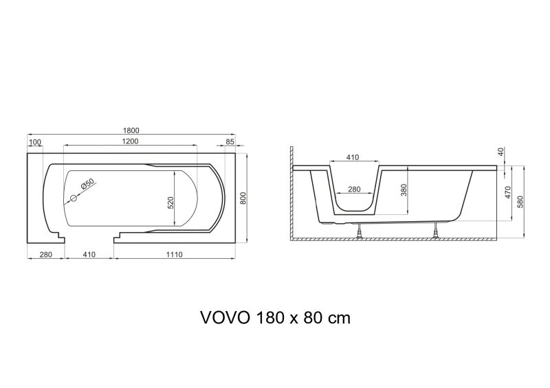 Ванна акриловая Polimat VOVO 180x80 пристенная, без перелива, белый