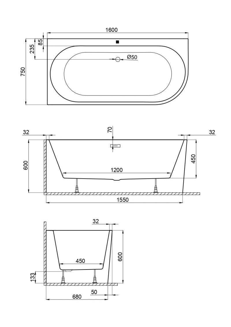 Ванна акриловая Polimat SOLA 160x75 R пристенная, белый