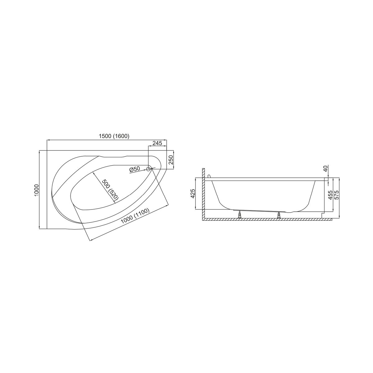 Ванна акриловая Polimat MAREA 150x100 R ассиметричная, с ножками
