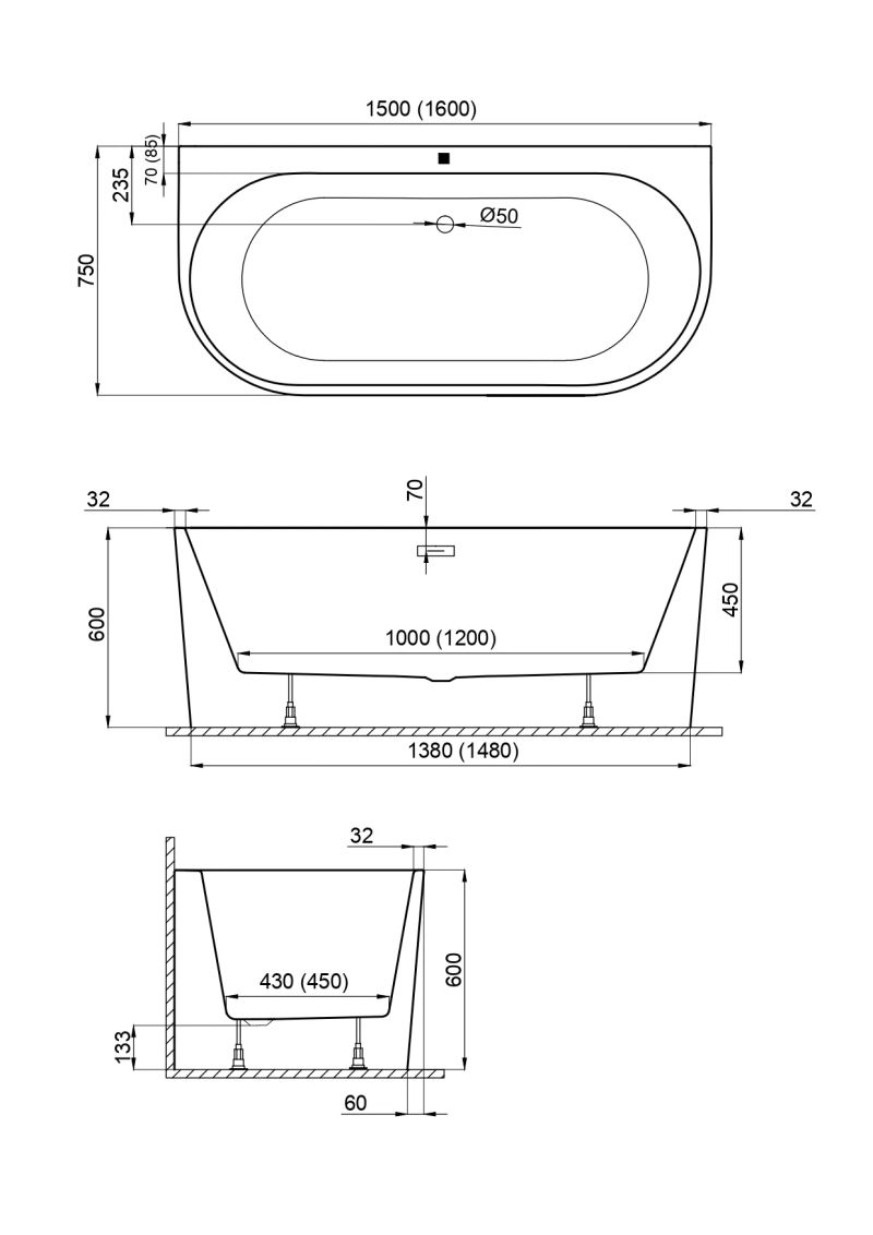 Ванна акриловая Polimat SOLA 150x75 пристенная, белый