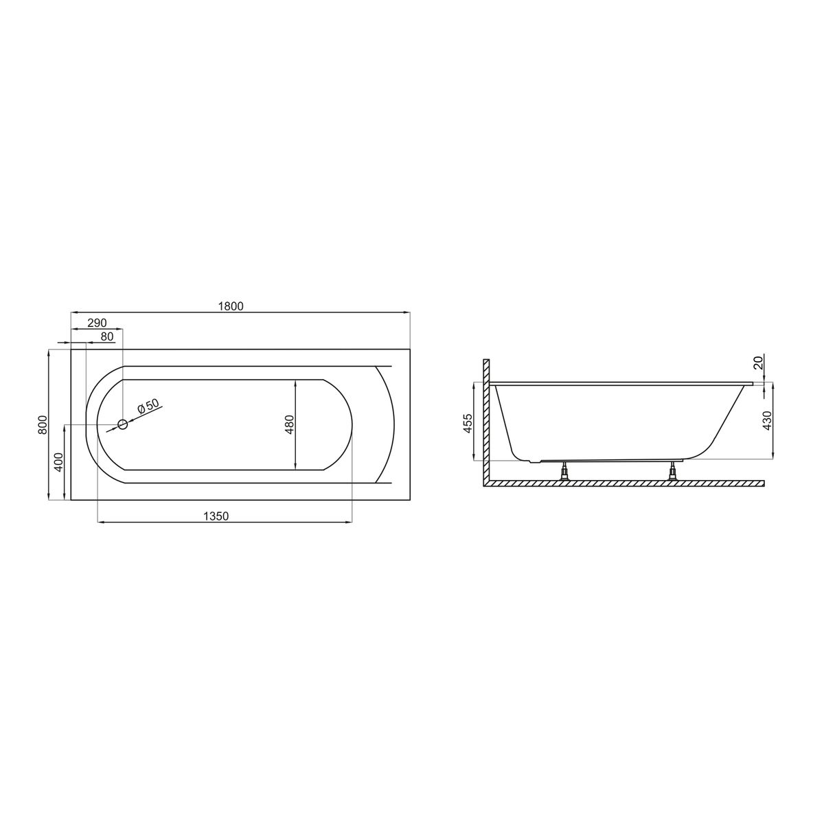 Ванна акриловая Polimat CLASSIC SLIM 180x80 с ножками