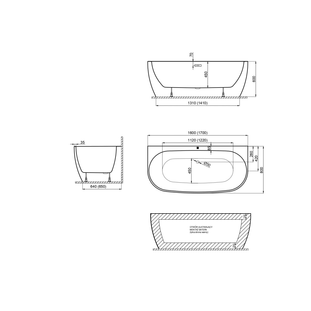 Ванна акриловая Polimat RISA 170x80 пристенная, белый