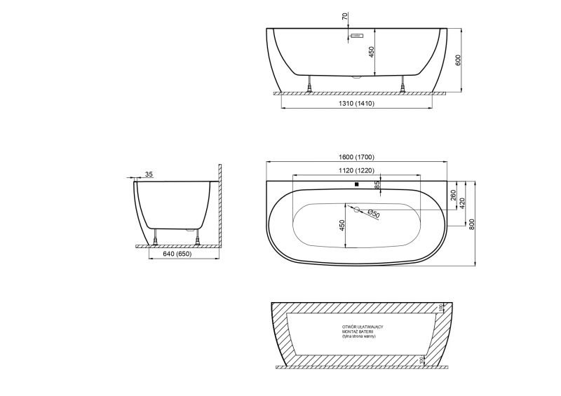 Ванна акриловая Polimat RISA 170x80 пристенная, белый