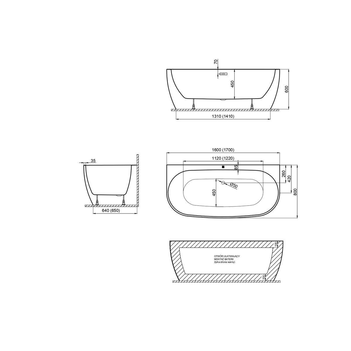 Ванна акриловая Polimat RISA 160x80 пристенная, белый