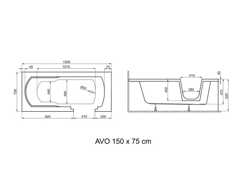 Ванна акриловая Polimat AVO 150x75 пристенная, с переливом, белый