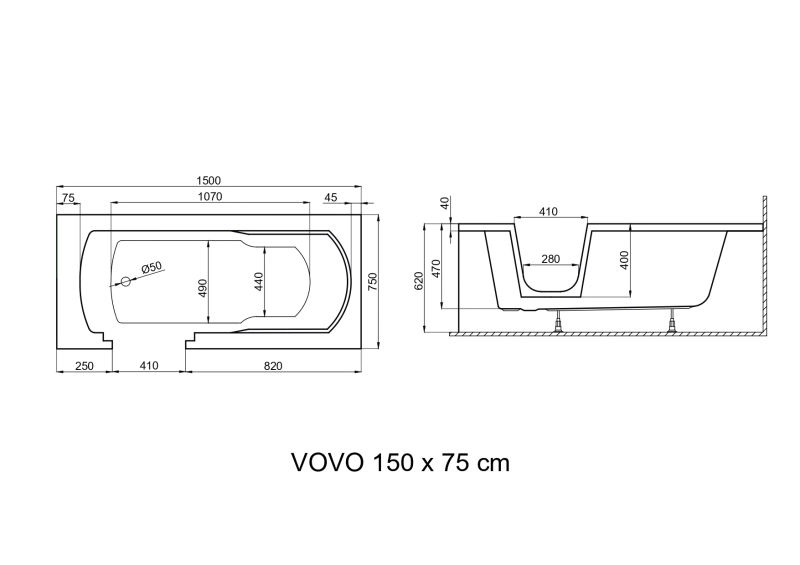 Ванна акриловая Polimat VOVO 150x75 пристенная, с переливом, белый