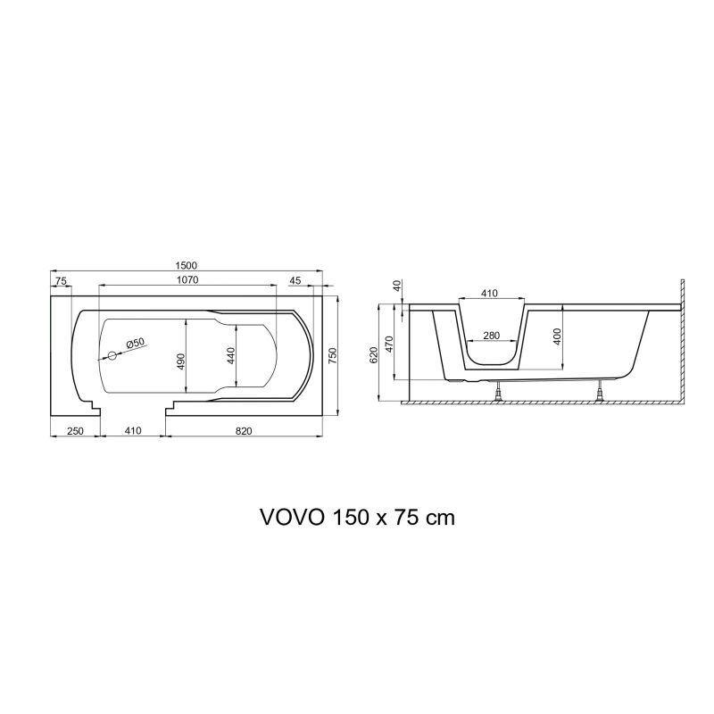 Акриловая ванна Polimat Vovo 00484 150×75 пристенная с переливом белый