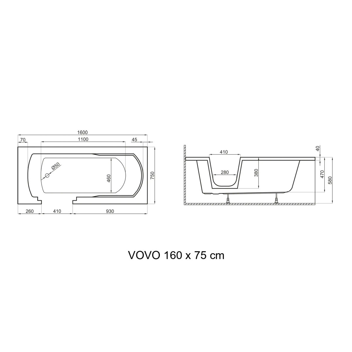 Ванна акриловая Polimat VOVO 160x75 пристенная, без перелива, белый