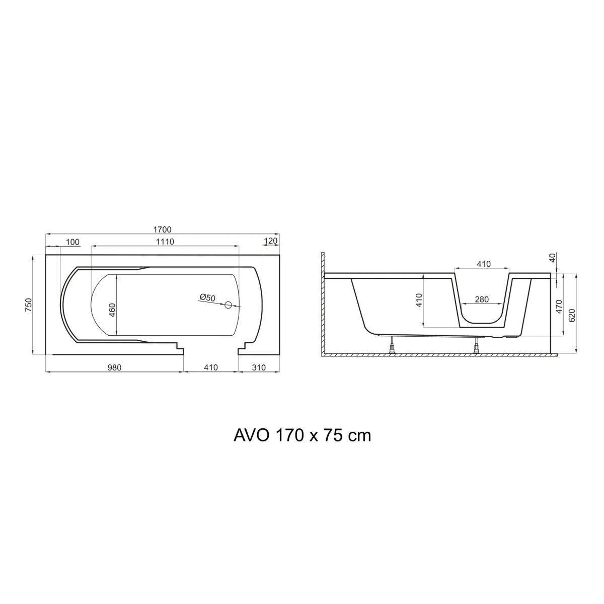Ванна акриловая Polimat AVO 170x75 пристенная, с переливом, белый