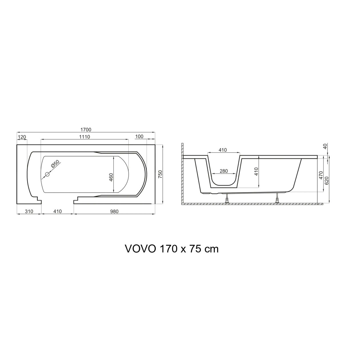 Ванна акриловая Polimat VOVO 170x75 пристенная, с переливом, белый