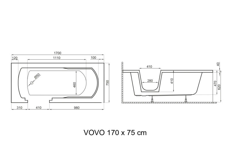 Ванна акриловая Polimat VOVO 170x75 пристенная, с переливом, белый