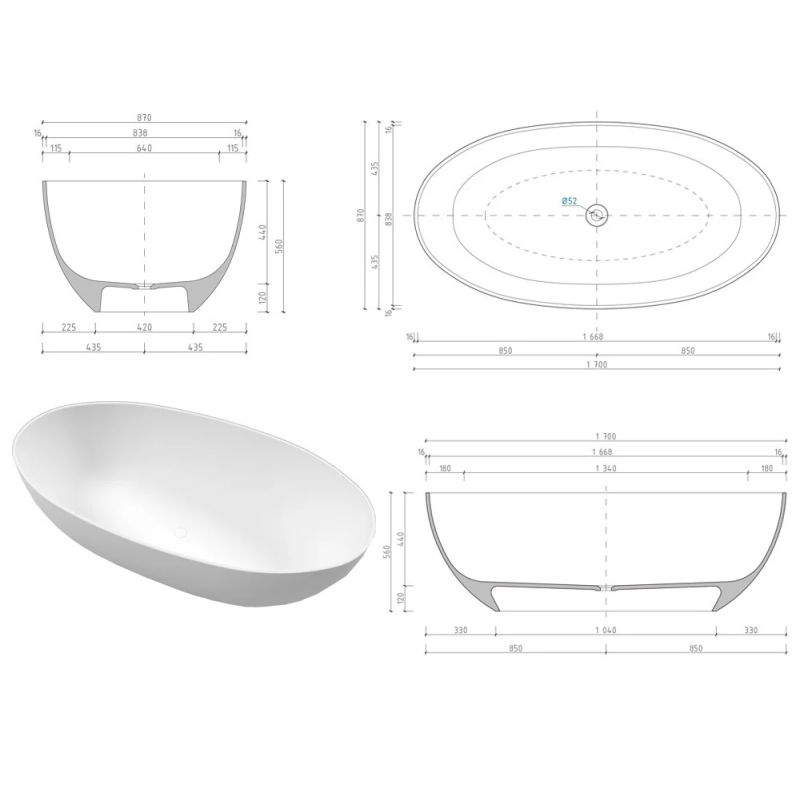 Ванна из искусственного камня WHITECROSS Diamond 170×87 / 0201.170087.100 белый глянец