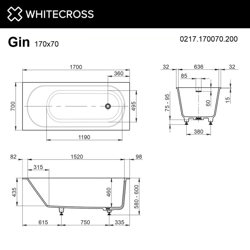 Ванна из искусственного камня WHITECROSS Gin 170×70 solid surface / 0217.170070.200 белый матовый