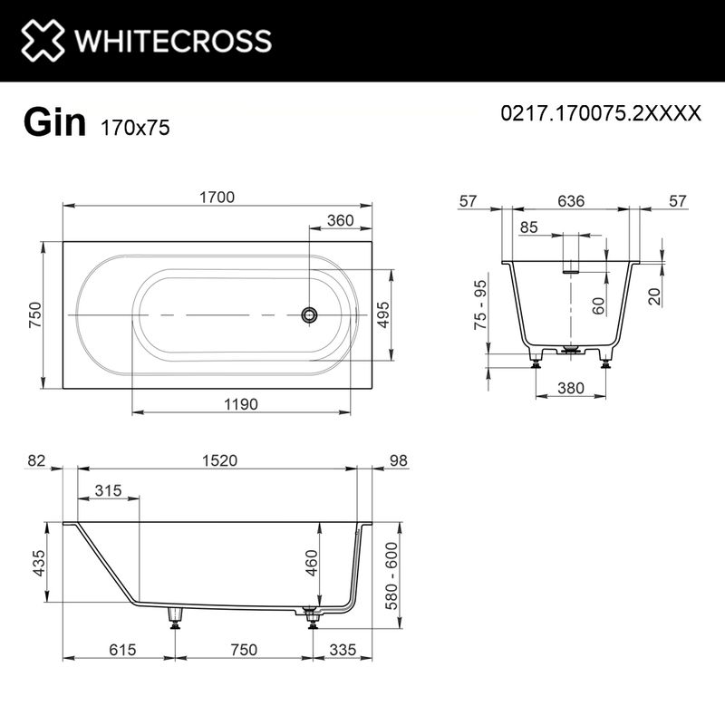 Ванна WHITECROSS Gin 170x75 (RAL мат) иск. камень