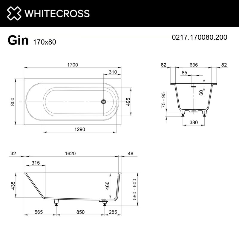 Ванна из искусственного камня WHITECROSS Gin 170×80 solid surface / 0217.170080.200 белый матовый