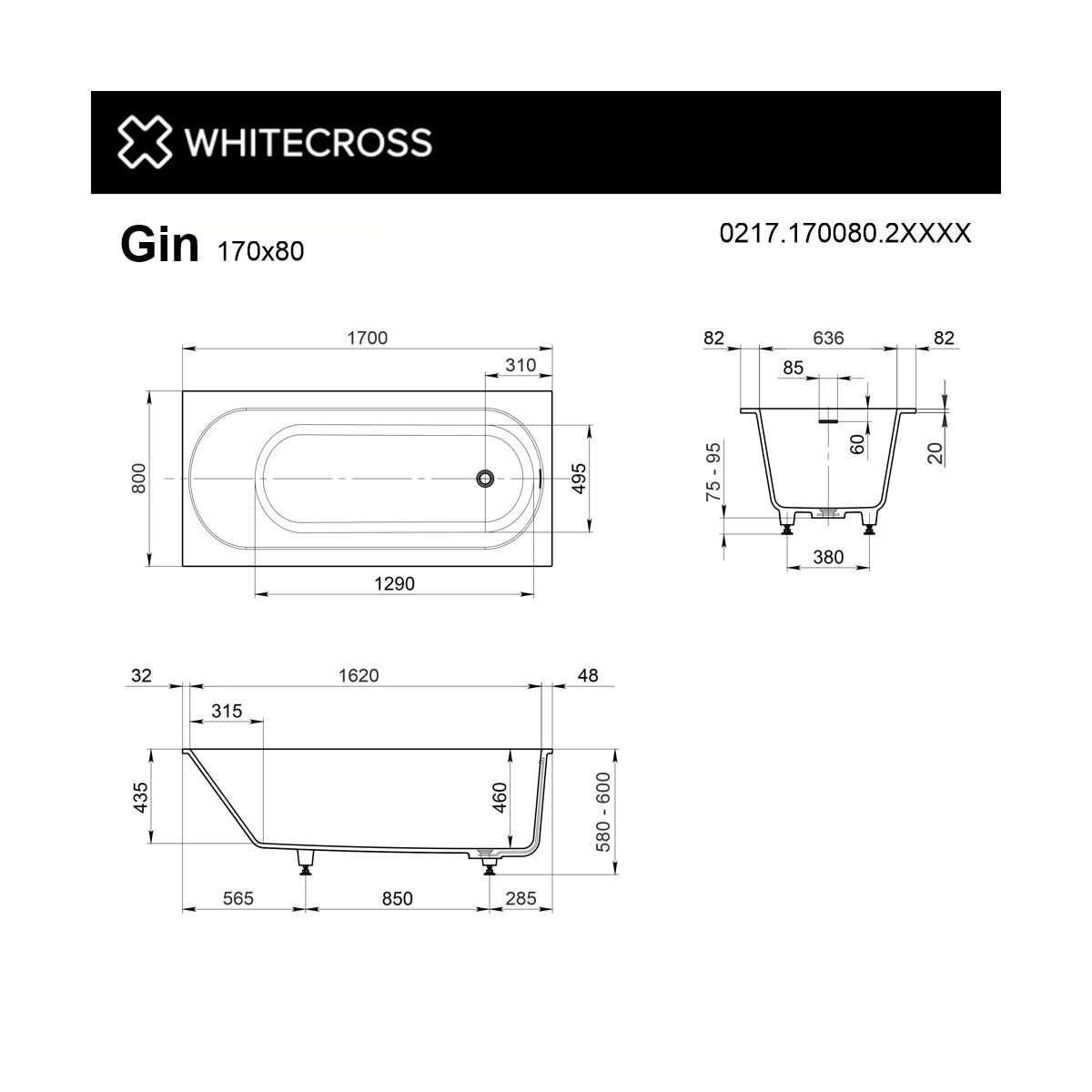 Ванна WHITECROSS Gin 170x80 (RAL мат) иск. камень