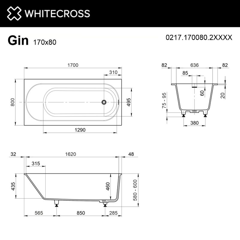 Ванна из искусственного камня WHITECROSS Gin 170×80 solid surface / 0217.170080.2XXXX (RAL матовый)
