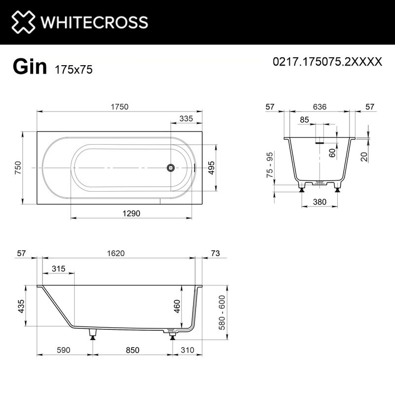 Ванна из искусственного камня WHITECROSS Gin 175×75 solid surface / 0217.175075.2XXXX (RAL матовый)
