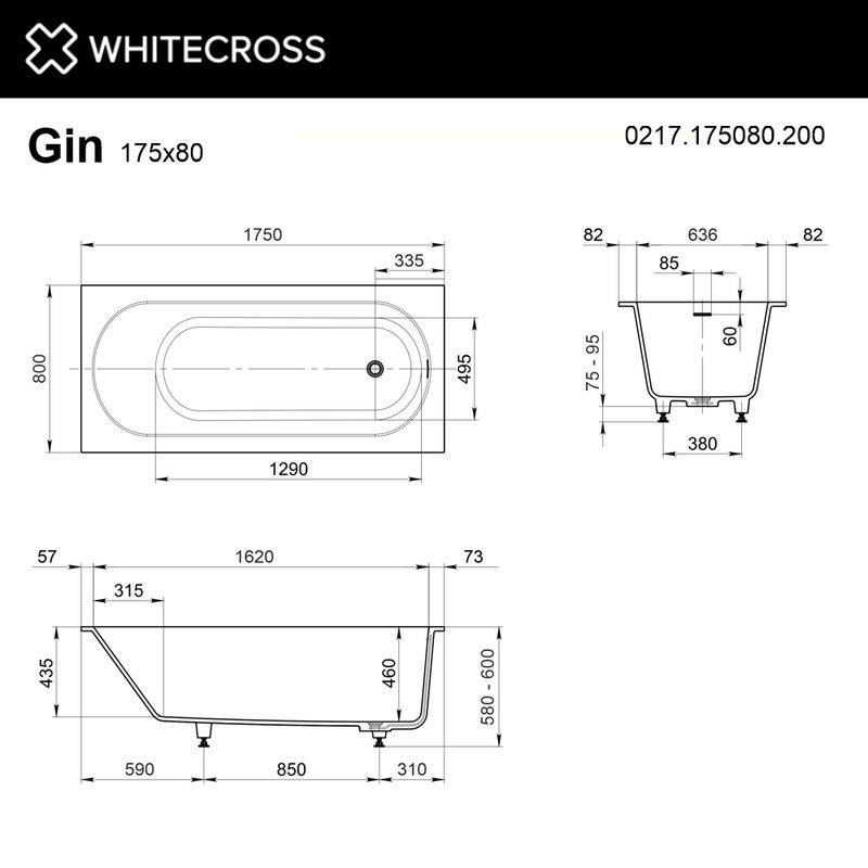 Ванна из искусственного камня WHITECROSS Gin 175×80 solid surface / 0217.175080.200 белый матовый