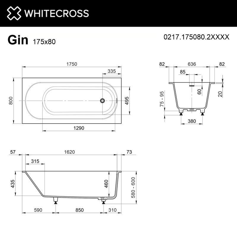 Ванна из искусственного камня WHITECROSS Gin 175×80 solid surface / 0217.175080.2XXXX (RAL матовый)