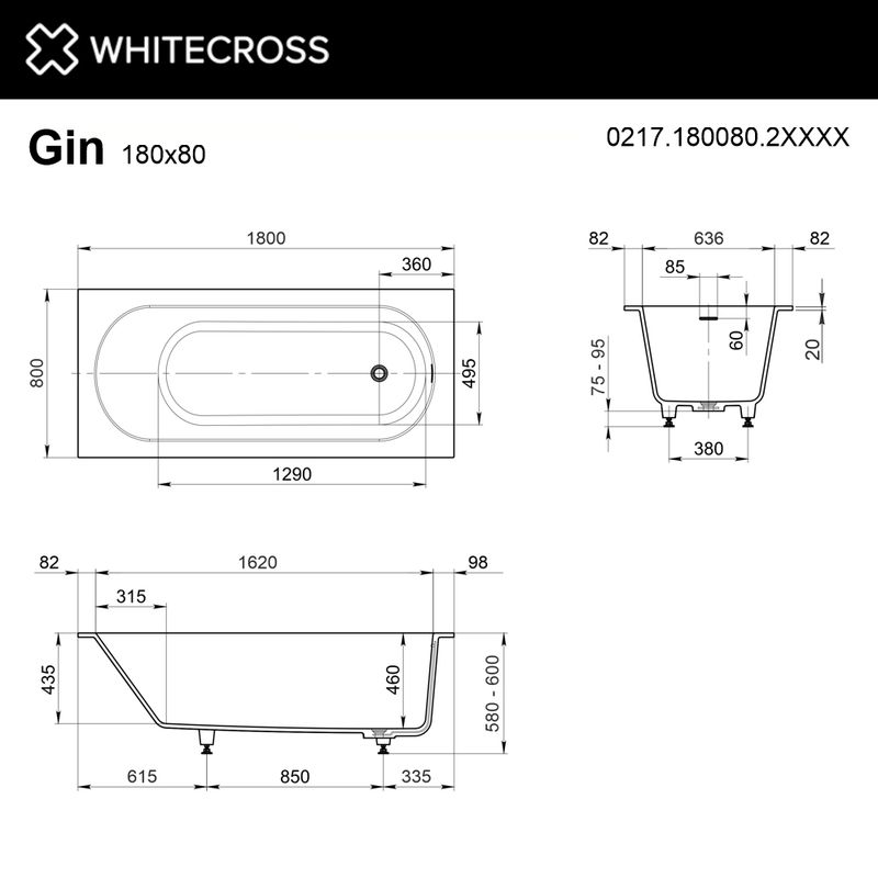 Ванна из искусственного камня WHITECROSS Gin 180×80 solid surface / 0217.180080.2XXXX (RAL матовый)