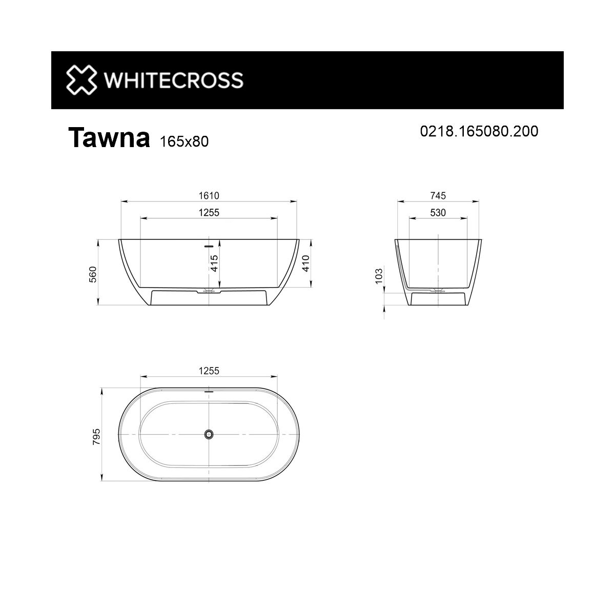 Ванна WHITECROSS Tawna 165x80 (белый мат) иск. камень