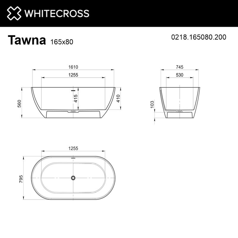 Ванна из искусственного камня WHITECROSS Tawna 165×80 solid surface / 0218.165080.200 белый матовый
