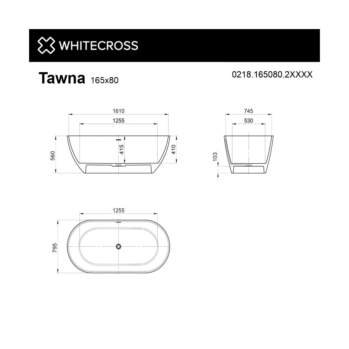 Ванна WHITECROSS Tawna 165x80 (RAL мат) иск. камень