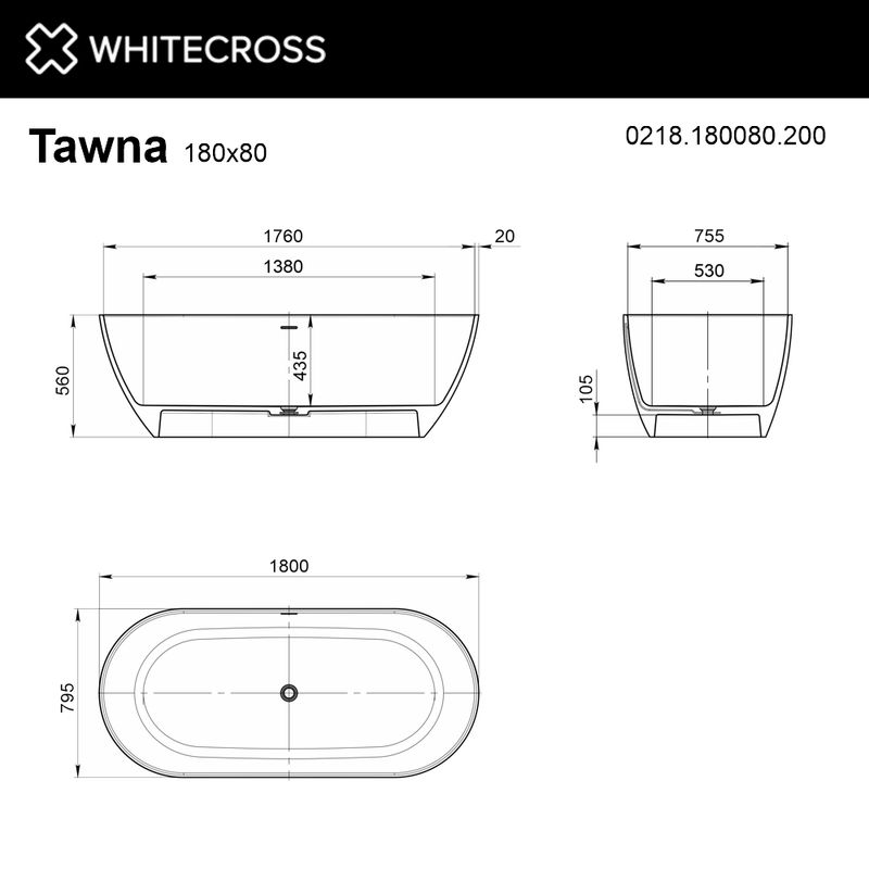 Ванна WHITECROSS Tawna 180x80 (белый мат) иск. камень
