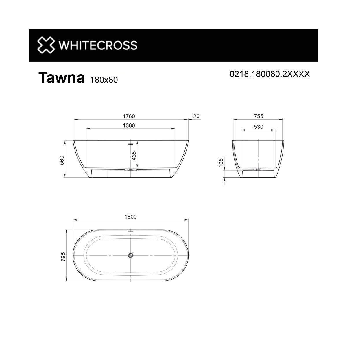 Ванна WHITECROSS Tawna 180x80 (RAL мат) иск. камень