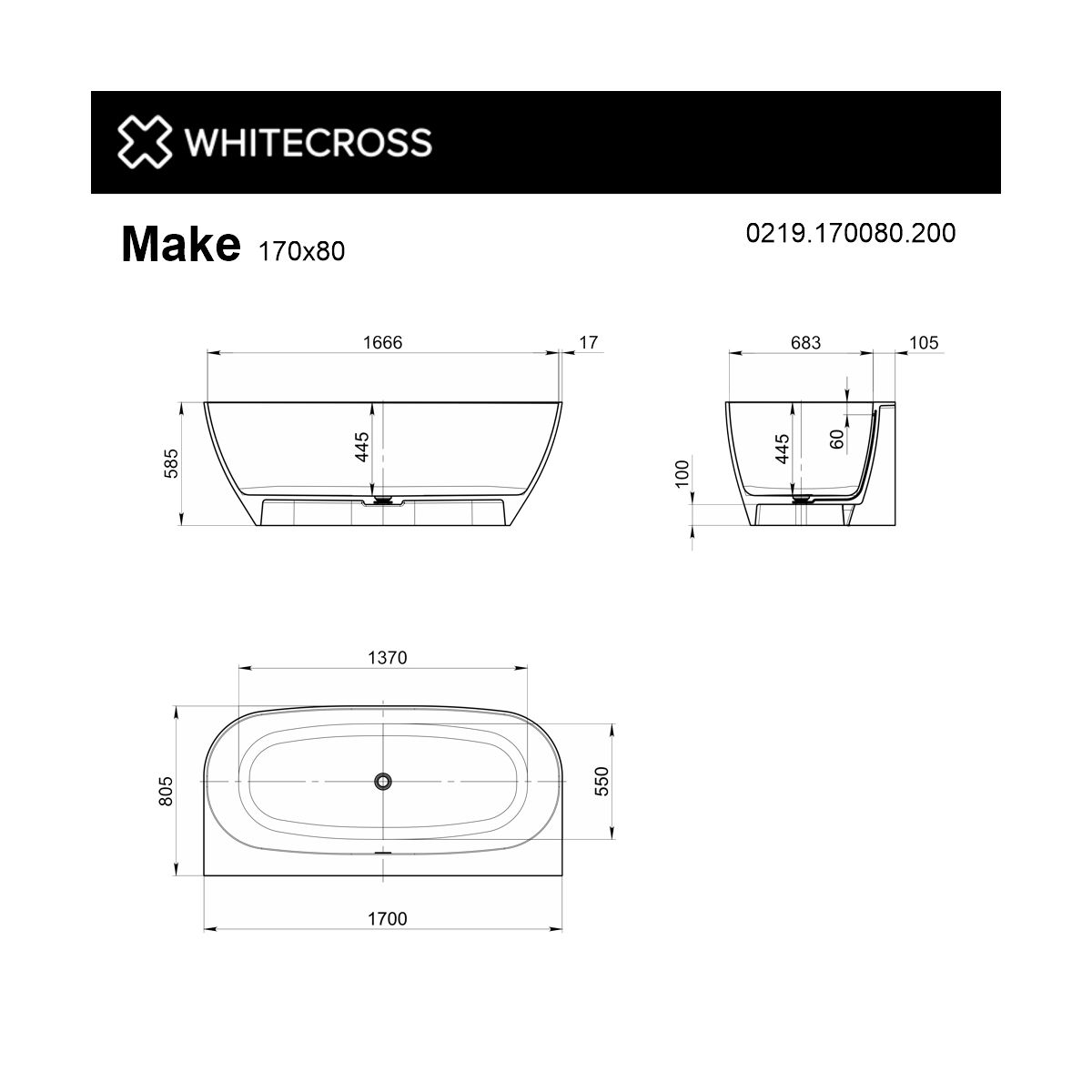 Ванна WHITECROSS Make 170x80 (белый мат) иск. камень