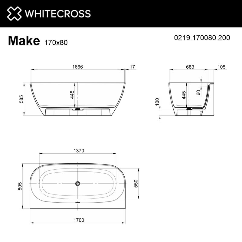 Ванна WHITECROSS Make 170x80 (белый мат) иск. камень