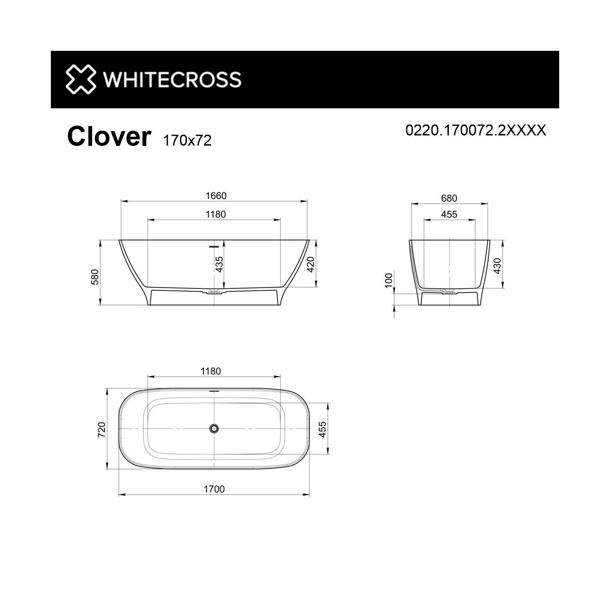 Ванна WHITECROSS Clover 170x72 (RAL мат) иск. камень