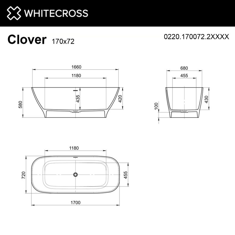 Ванна из искусственного камня WHITECROSS Clover 170×72 solid surface / 0220.170072.2XXXX (RAL матовый)