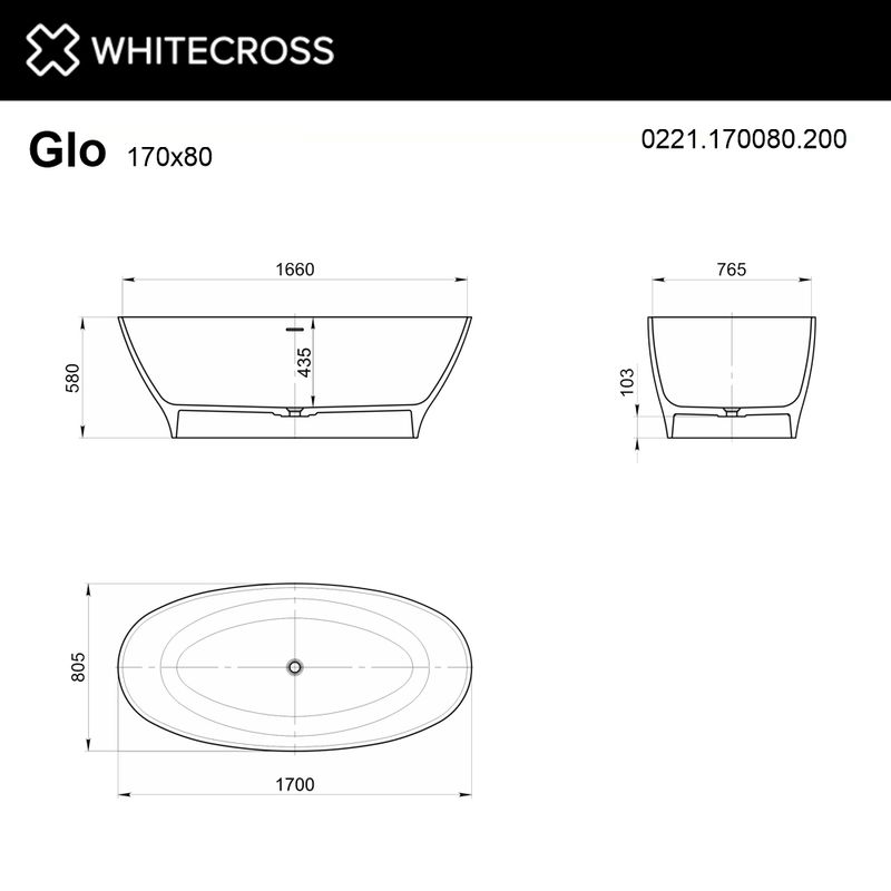 Ванна из искусственного камня WHITECROSS Glock 170×80 solid surface / 0221.170080.200 белый матовый