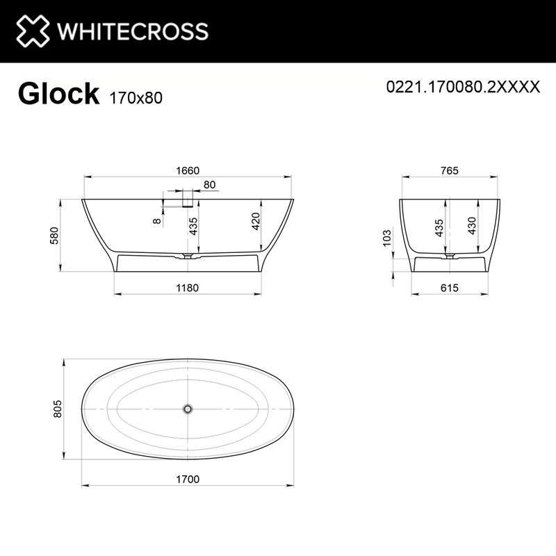 Ванна из искусственного камня WHITECROSS Glock 170×80 solid surface / 0221.170080.2XXXX (RAL матовый)