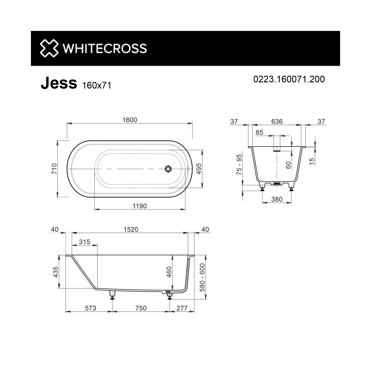 Ванна WHITECROSS Jess 160x71 (белый мат) иск. камень