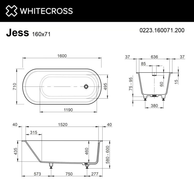 Ванна из искусственного камня WHITECROSS Jess 160x71 solid surface / 0223.160071.200 белый матовый