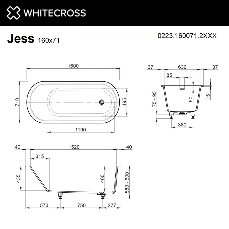 Ванна из искусственного камня WHITECROSS Jess 160x71 solid surface / 0223.160071.2XXXX RAL матовый