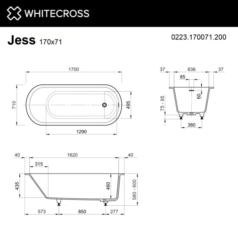 Ванна из искусственного камня WHITECROSS Jess 170x71 solid surface / 0223.170071.200 белый матовый