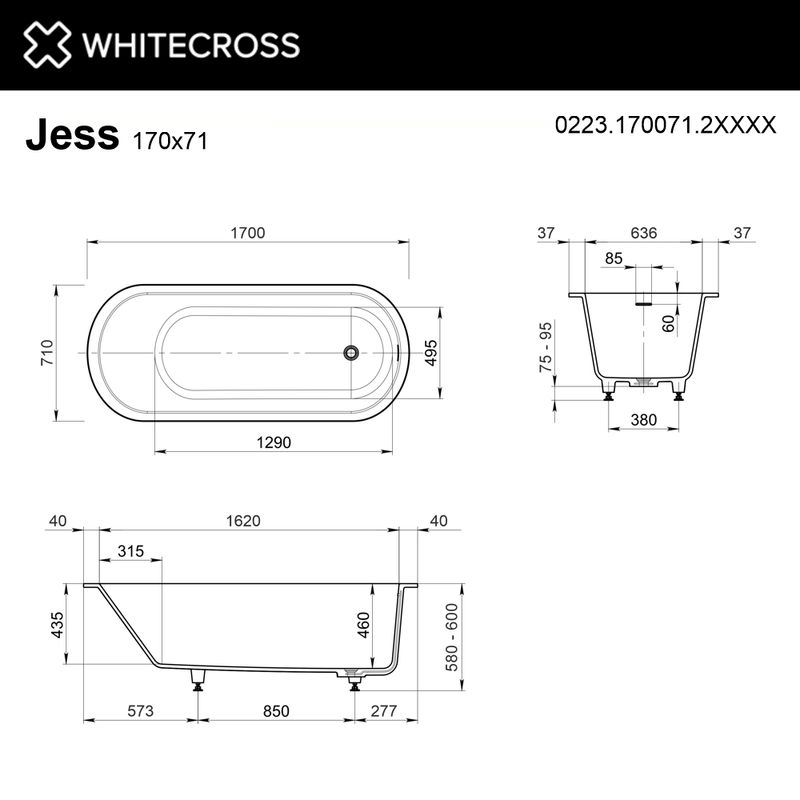Ванна из искусственного камня WHITECROSS Jess 170x71 solid surface / 0223.170071.2XXXX RAL матовый