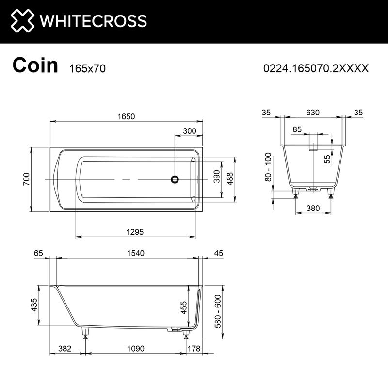 Ванна из искусственного камня WHITECROSS Coin 165x70 solid surface / 0224.165070.2XXXX RAL матовый