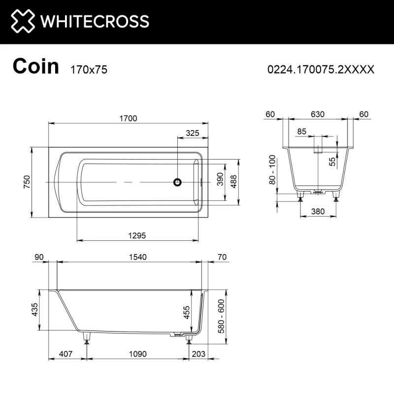 Ванна WHITECROSS Coin 170x75 (RAL мат) иск. камень