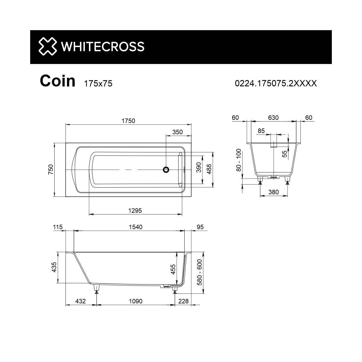 Ванна WHITECROSS Coin 175x75 (RAL мат) иск. камень