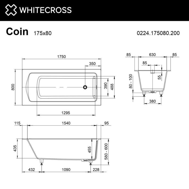 Ванна WHITECROSS Coin 175x80 (RAL мат) иск. камень
