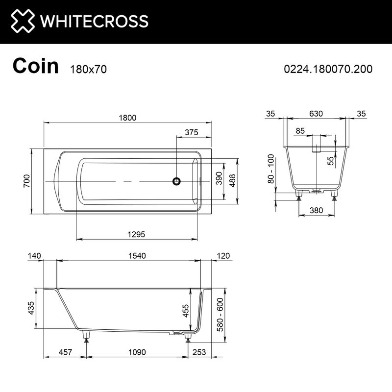 Ванна из искусственного камня WHITECROSS Coin 180x70 solid surface / 0224.180070.200 белый матовый