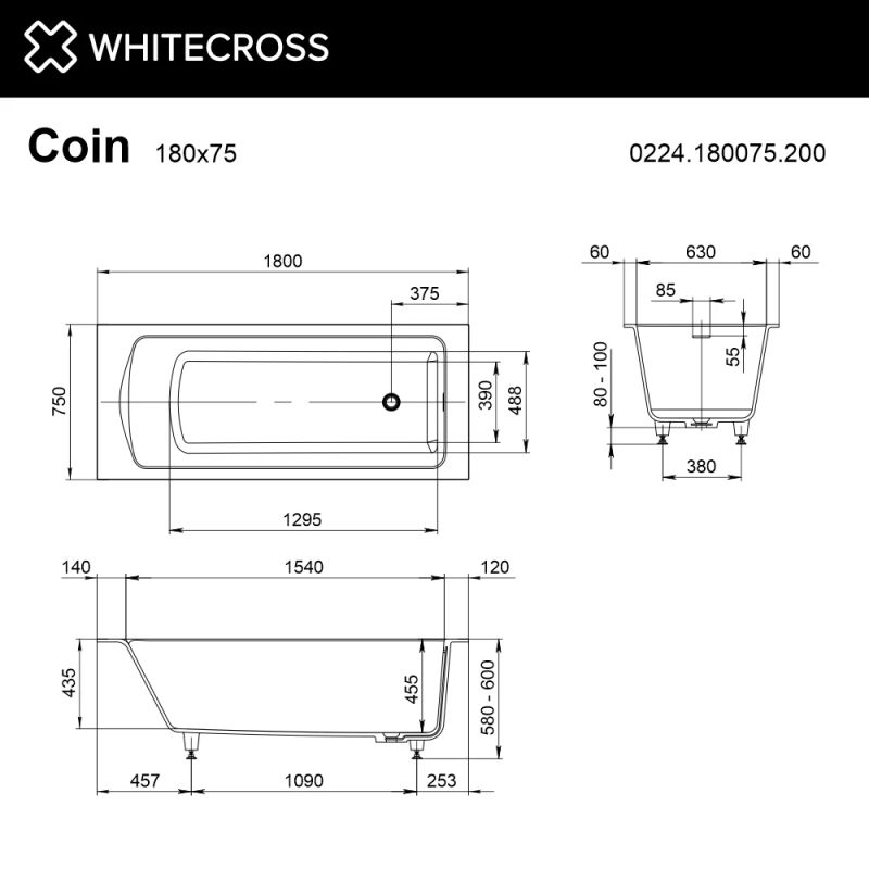 Ванна из искусственного камня WHITECROSS Coin 180x75 solid surface / 0224.180075.200 белый матовый